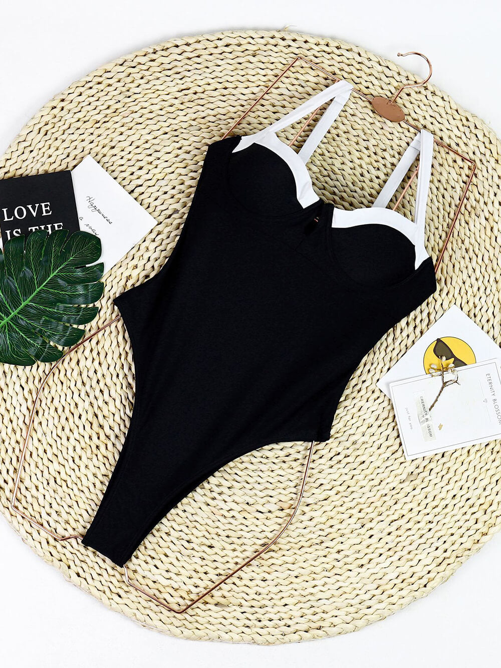 Black And White Patchwork U-Neck One-Piece Swimsuit - Image 8
