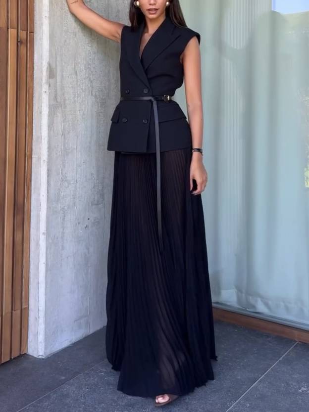 Minimalist Vest Pleated Skirt Suit (Belt Not Included)-Skirt - Image 3