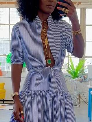 Striped Stand Collar Shirt And Skirt Suit-Skirt - Image 3