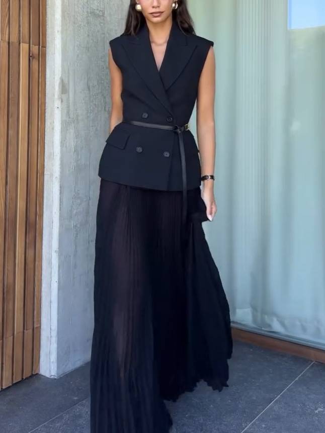 Minimalist Vest Pleated Skirt Suit (Belt Not Included)-Skirt - Image 4